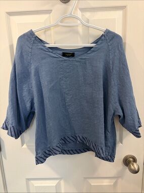 Cherish Soft Blue Linen Boxy Tunic with Striped Trim